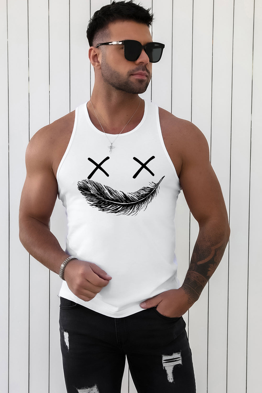 White Feather Mouth Funny Emoticon Graphic Mens Tank Top Men's Tops JT's Designer Fashion