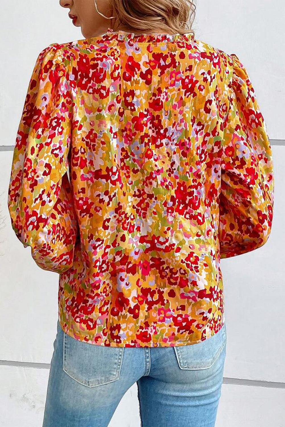 Grapefruit Orange Frilled Split Neck Bubble Sleeve Floral Blouse Tops & Tees JT's Designer Fashion