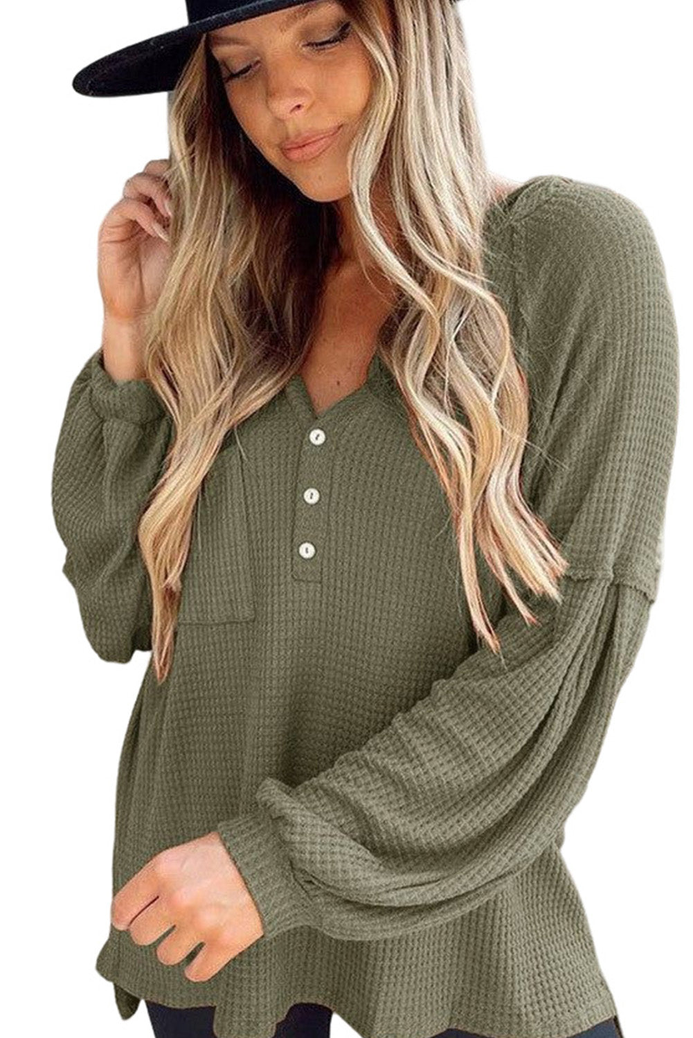 Green Buttoned V Neck Drop Shoulder Waffle Knit Top Long Sleeve Tops JT's Designer Fashion