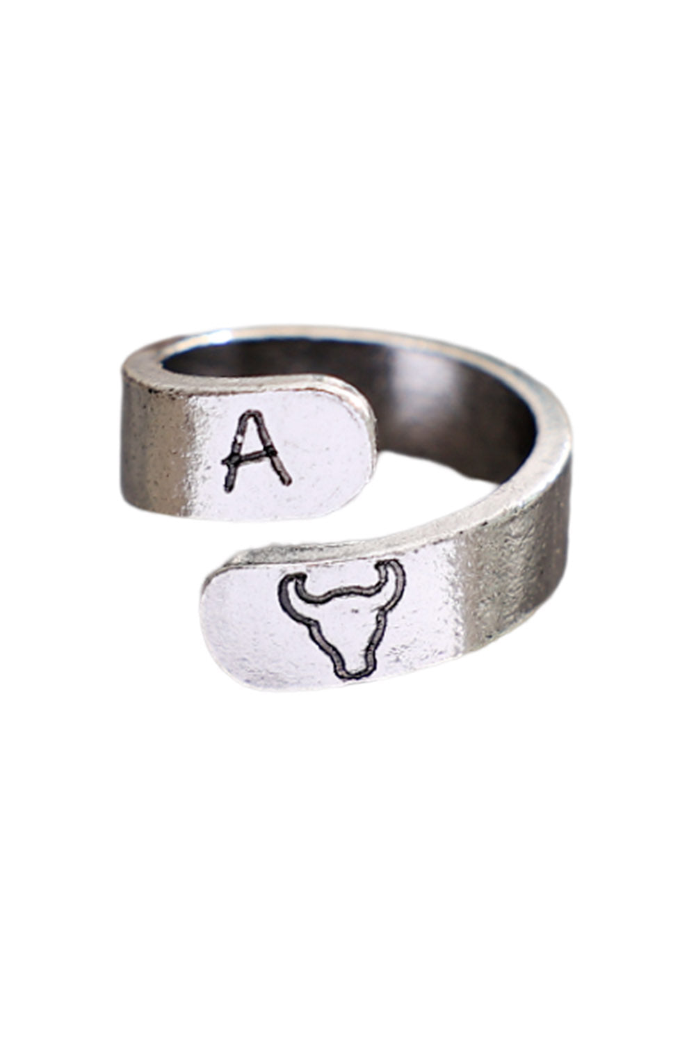 Silver Western Bull Head Alphabet Carving Ring Jewelry JT's Designer Fashion