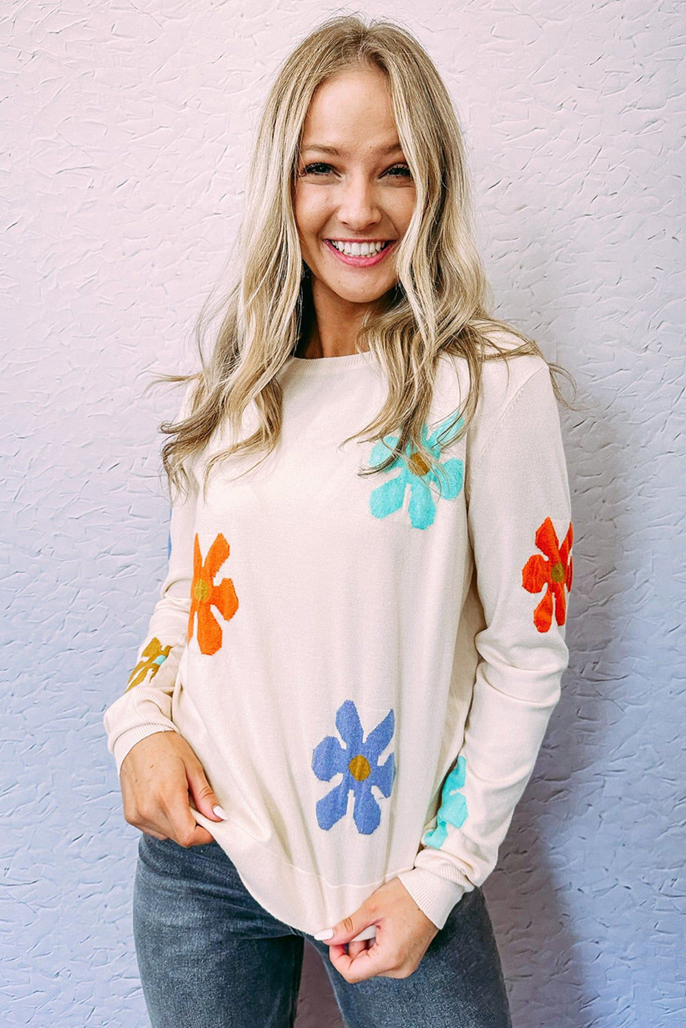 White Sweet Floral Pullover Sweater Pre Order Sweaters & Cardigans JT's Designer Fashion