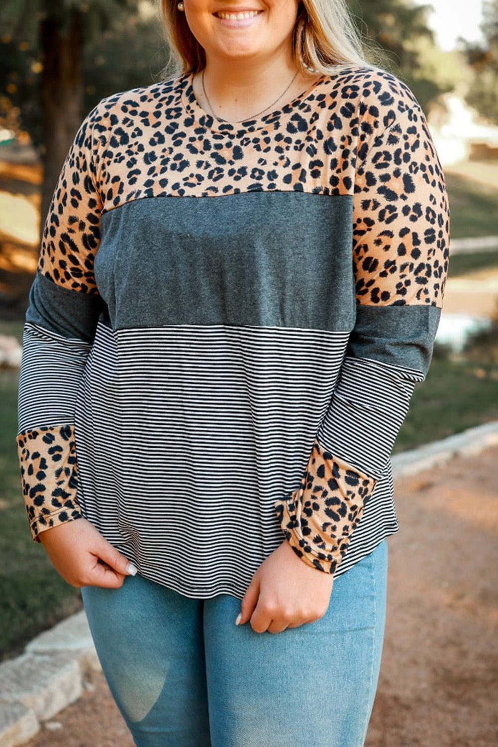 Leopard Plus Size Cow/Leopard Stripes Patchwork Long Sleeve Tee Plus Size JT's Designer Fashion