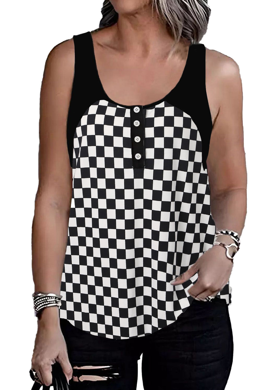 Black Plaid Patchwork Buttoned U Neck Tank Top Tank Tops JT's Designer Fashion