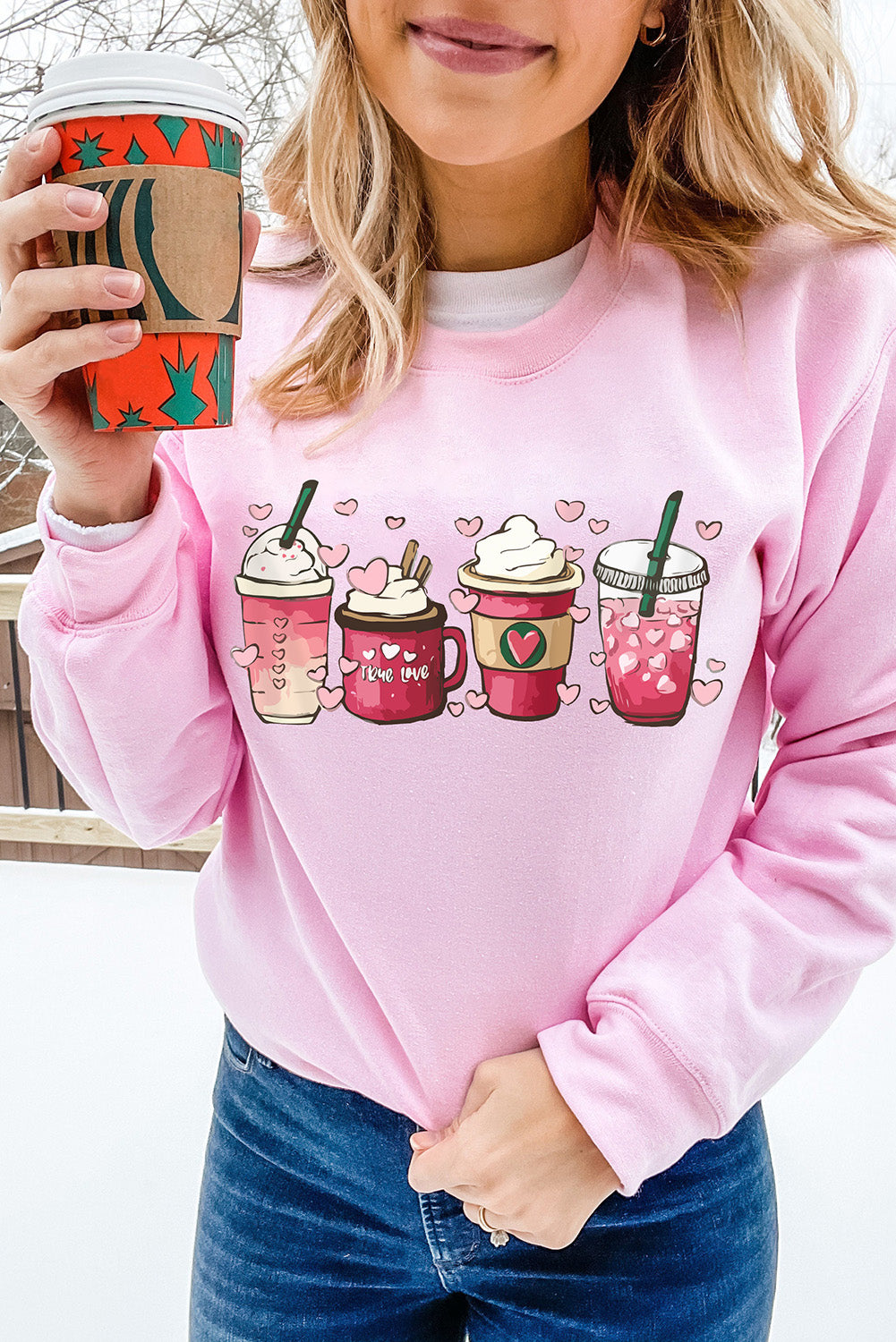 Pink Valentines Sweet Drinking Graphic Print Sweatshirt Graphic Sweatshirts JT's Designer Fashion