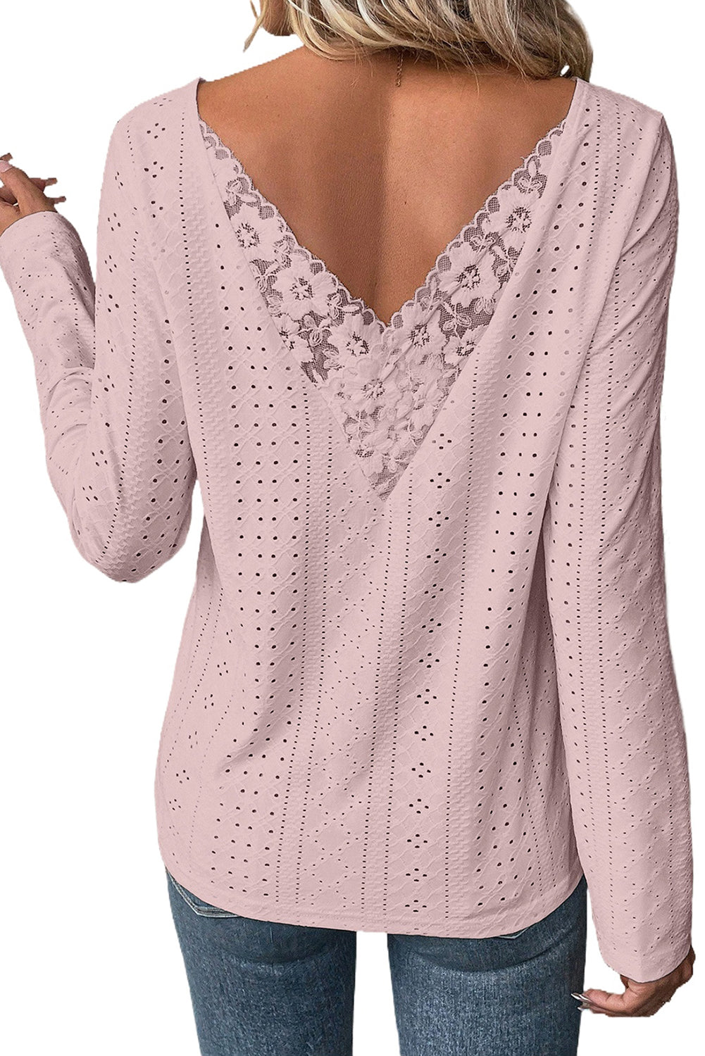 Light Pink Floral Lace Splicing Eyelet Long Sleeve Top Tops & Tees JT's Designer Fashion