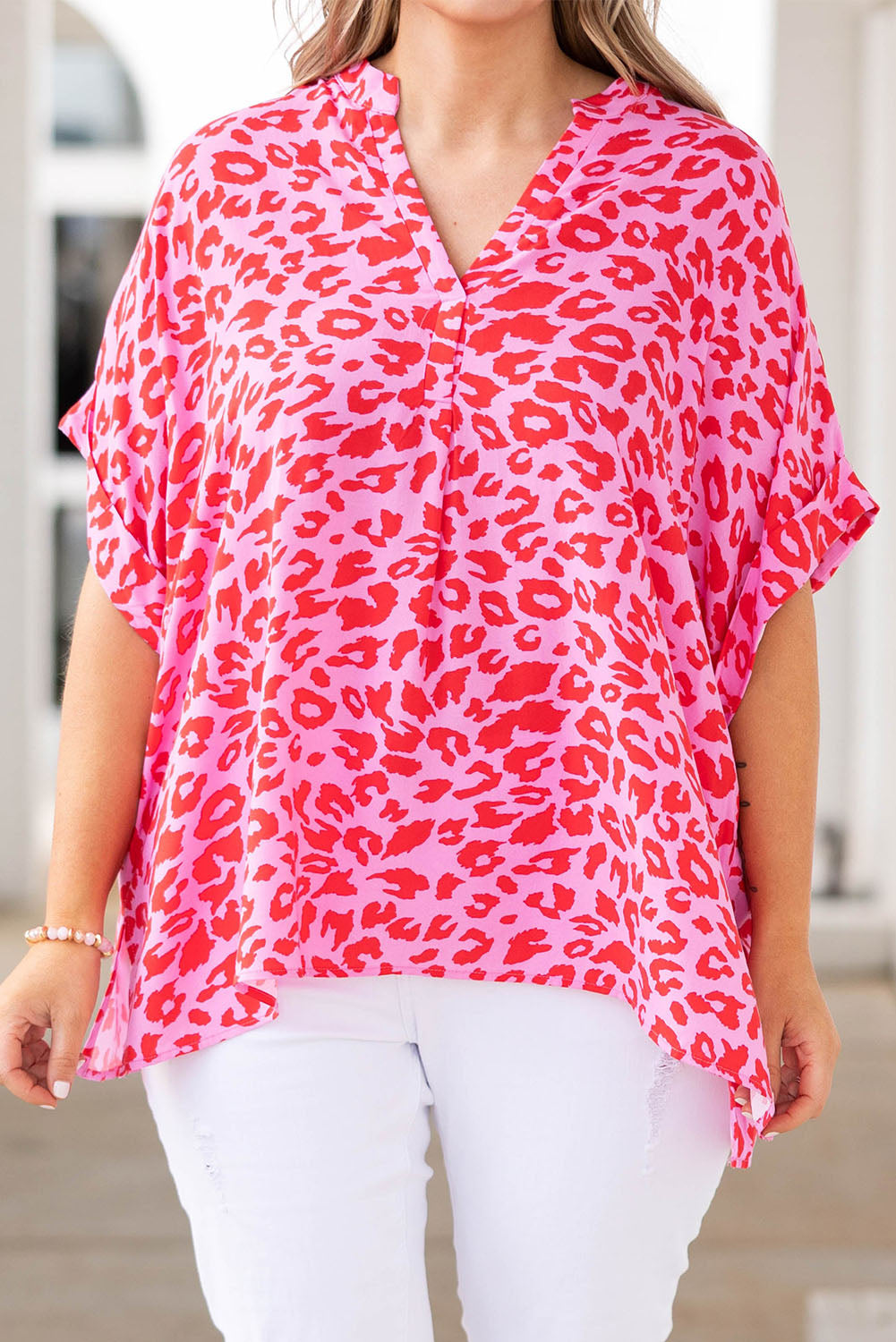 Rose Leopard Print V Neck Half Sleeve Plus Size Blouse Plus Size Tops JT's Designer Fashion