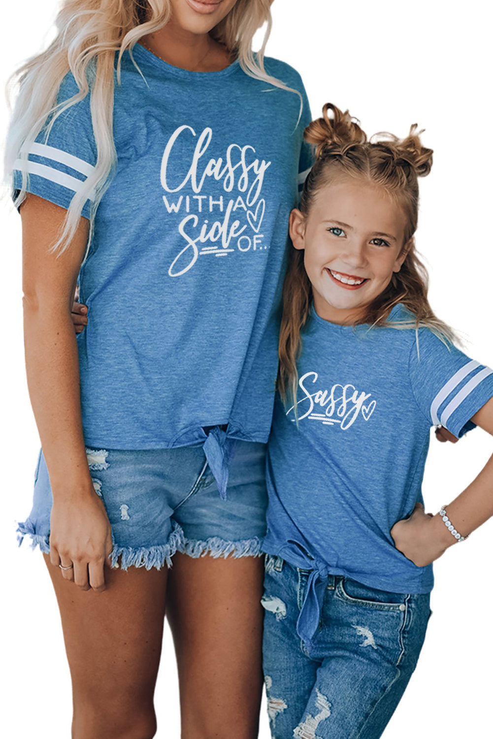 Blue Family Matching Letter Printed Tie Knot Short Sleeve Top Family T-shirts JT's Designer Fashion