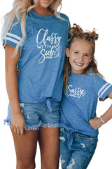 Blue Family Matching Letter Printed Tie Knot Short Sleeve Girl's Top Family T-shirts JT's Designer Fashion