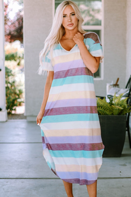 Striped Color Block V Neck T Shirt Midi Dress T Shirt Dresses JT's Designer Fashion