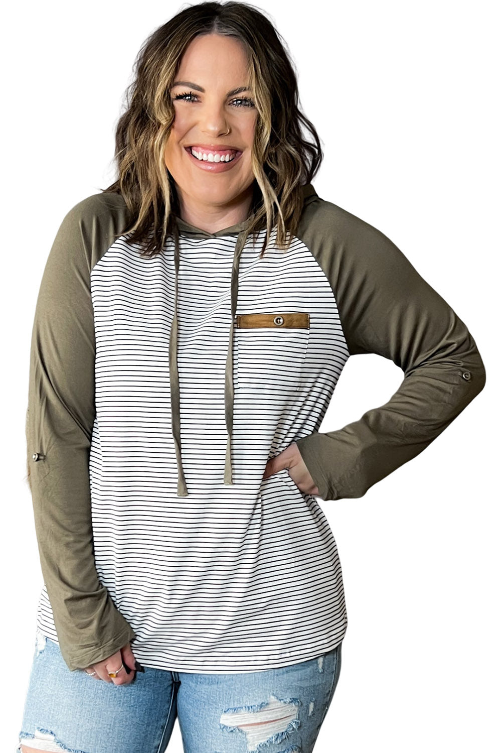 Green Striped Raglan Sleeve Buttoned Pocket Plus Size Hoodie Plus Size JT's Designer Fashion