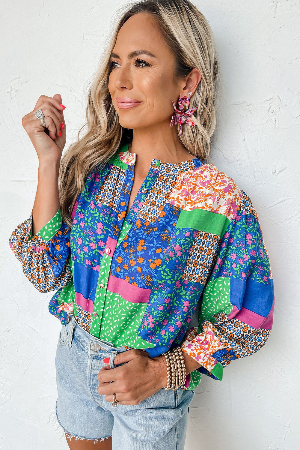 Multicolor Ditsy Floral Patchwork Puff Sleeve Shirt Tops & Tees JT's Designer Fashion