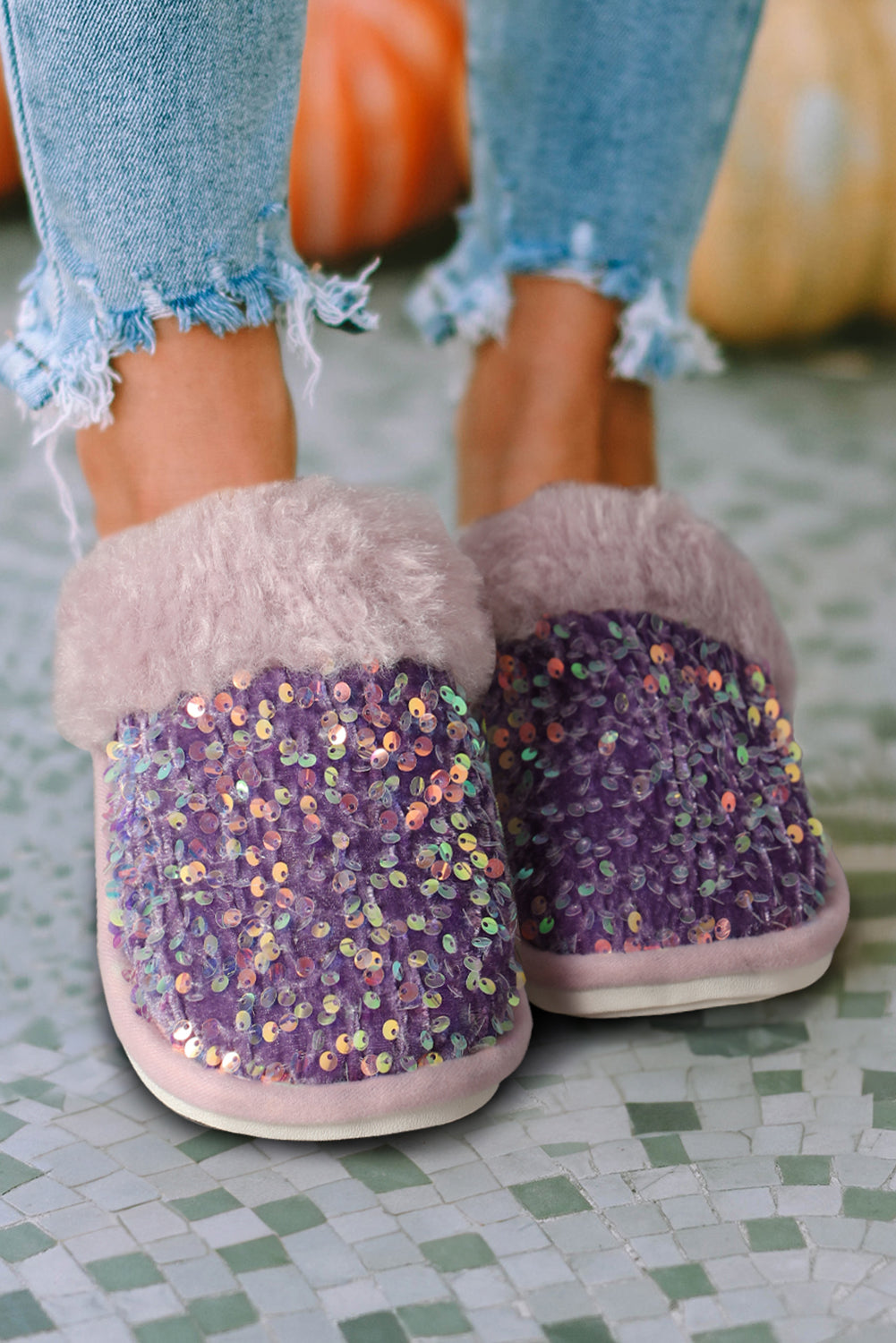 Tillandsia Purple Sequin Furry Indoor Winter Slippers Slippers JT's Designer Fashion