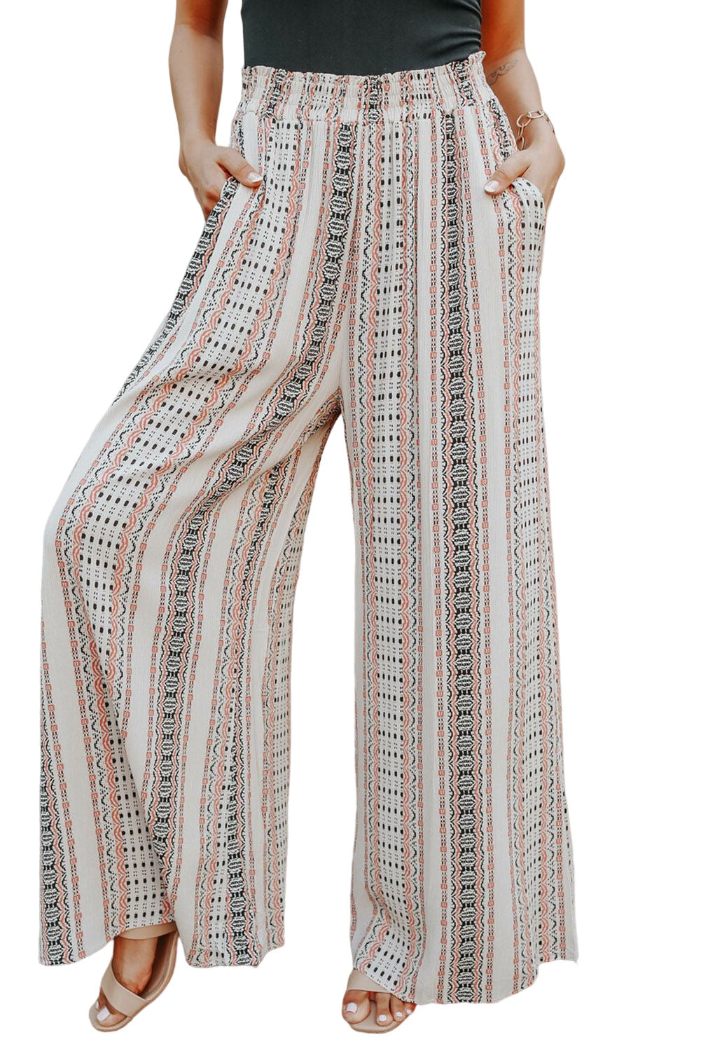 White Geometric Pattern Shirred Wide Leg Plus Size Pants Plus Size JT's Designer Fashion