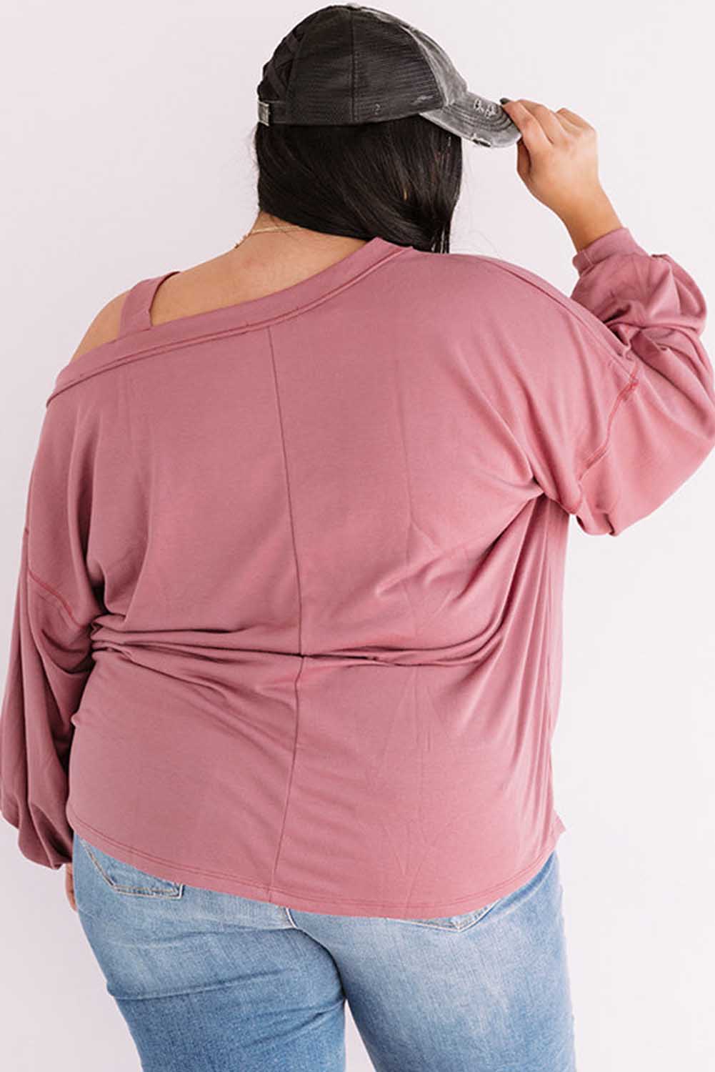 Pink Asymmetric Cold Shoulder Puff Sleeve Plus Size Top Plus Size JT's Designer Fashion