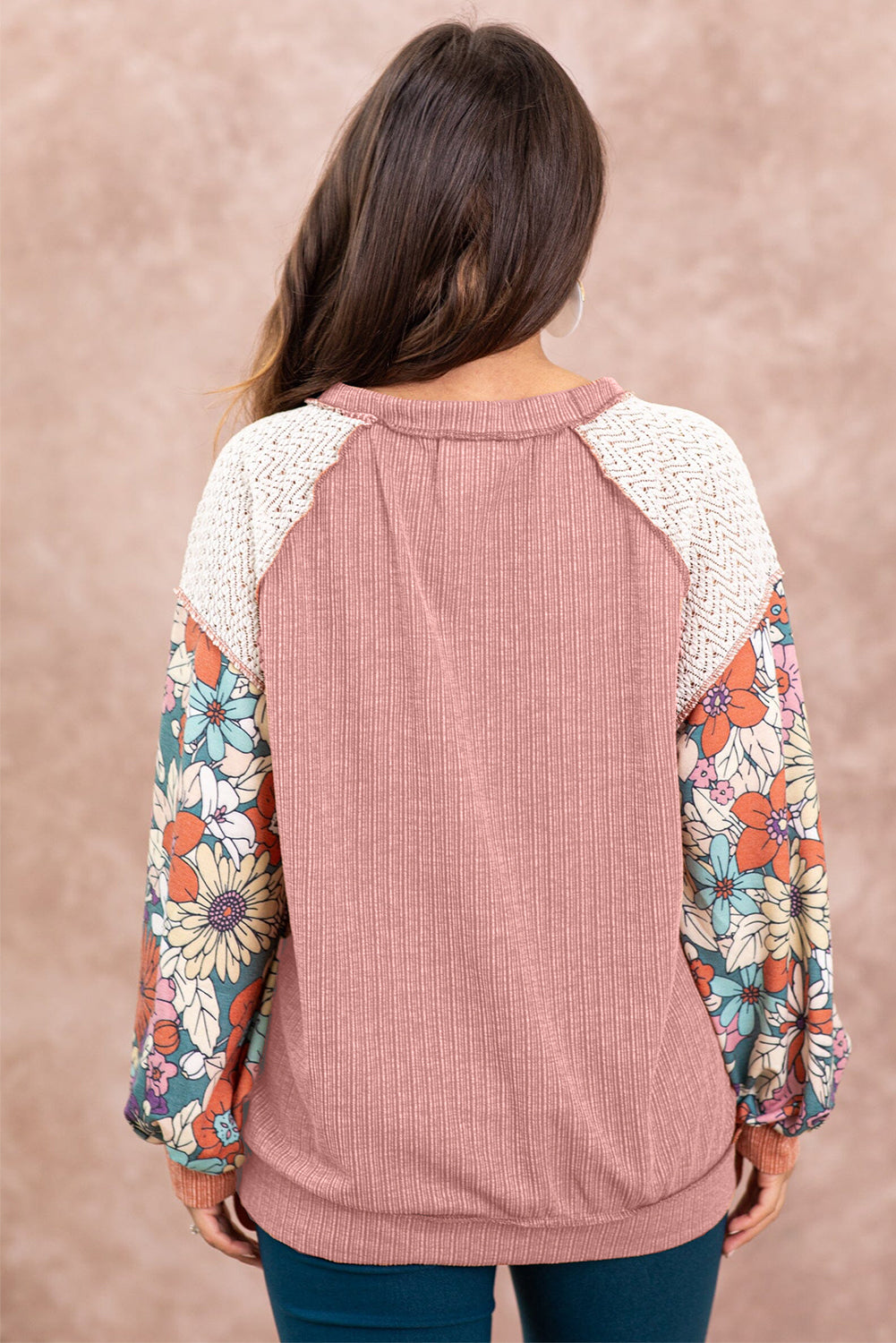 Rose Pink Floral Patchwork Textured Puff Sleeve Blouse Tops & Tees JT's Designer Fashion