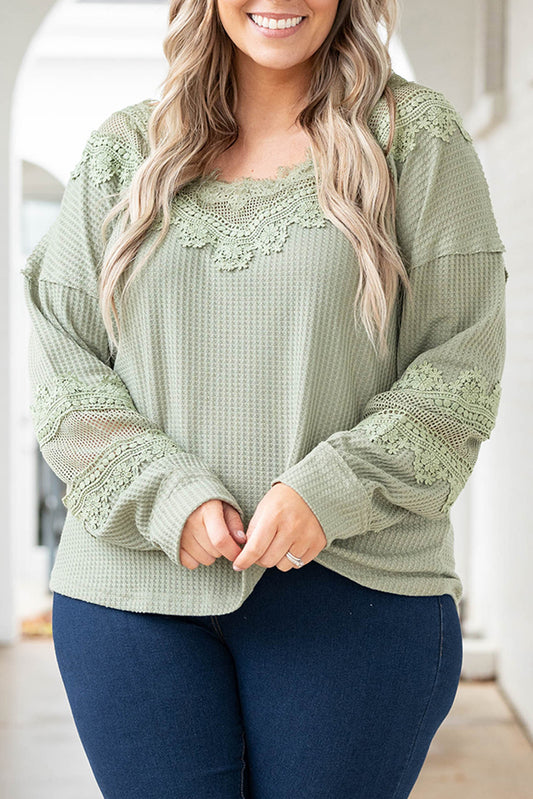 Green Waffled Lace Long Sleeve Plus Size Top Plus Size JT's Designer Fashion