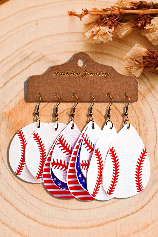 White 6Pcs Baseball PU Leather Drop Earrings Set Jewelry JT's Designer Fashion