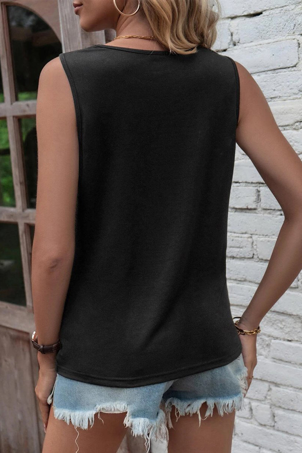 Black Laser Cut Slits Twist Front Tank Top Tops & Tees JT's Designer Fashion