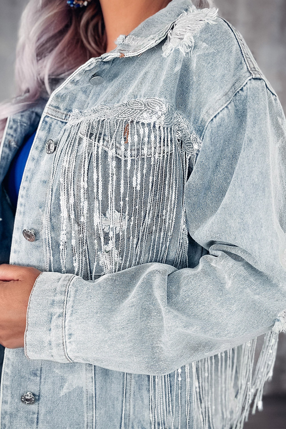 Sky Blue Sequin Fringe Star Print Frayed Denim Jacket Denim jackets JT's Designer Fashion