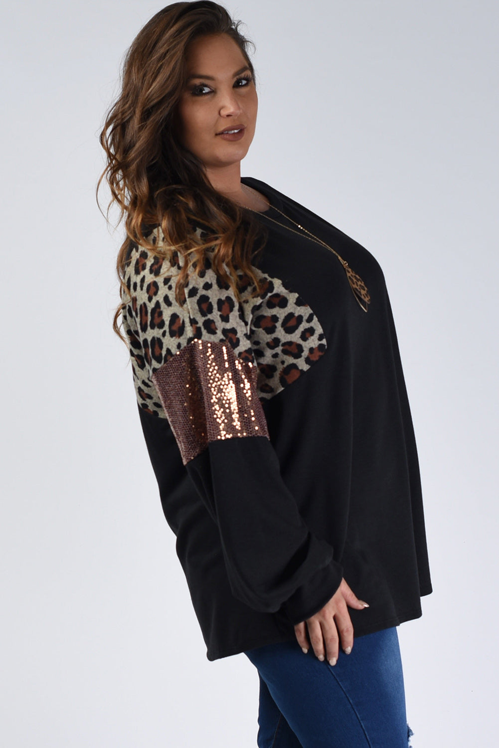 Black Leopard Sequin Patch Plus Size Long Sleeve Top Plus Size JT's Designer Fashion