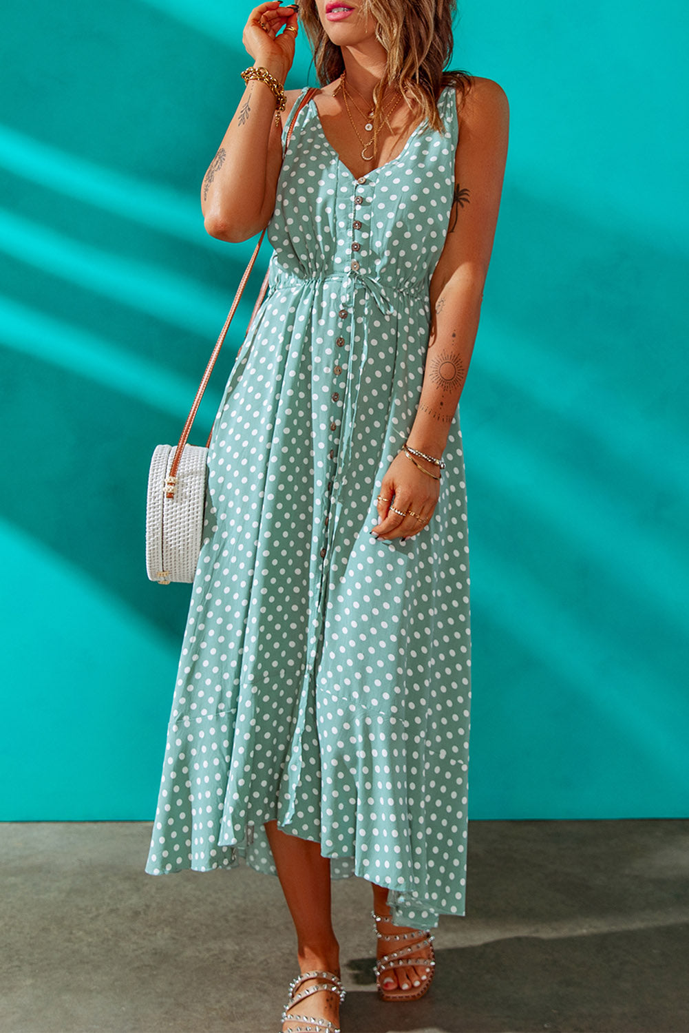 Green Polka Dot Print Split Buttoned V Neck Maxi Dress Green 100%polyester Maxi Dresses JT's Designer Fashion