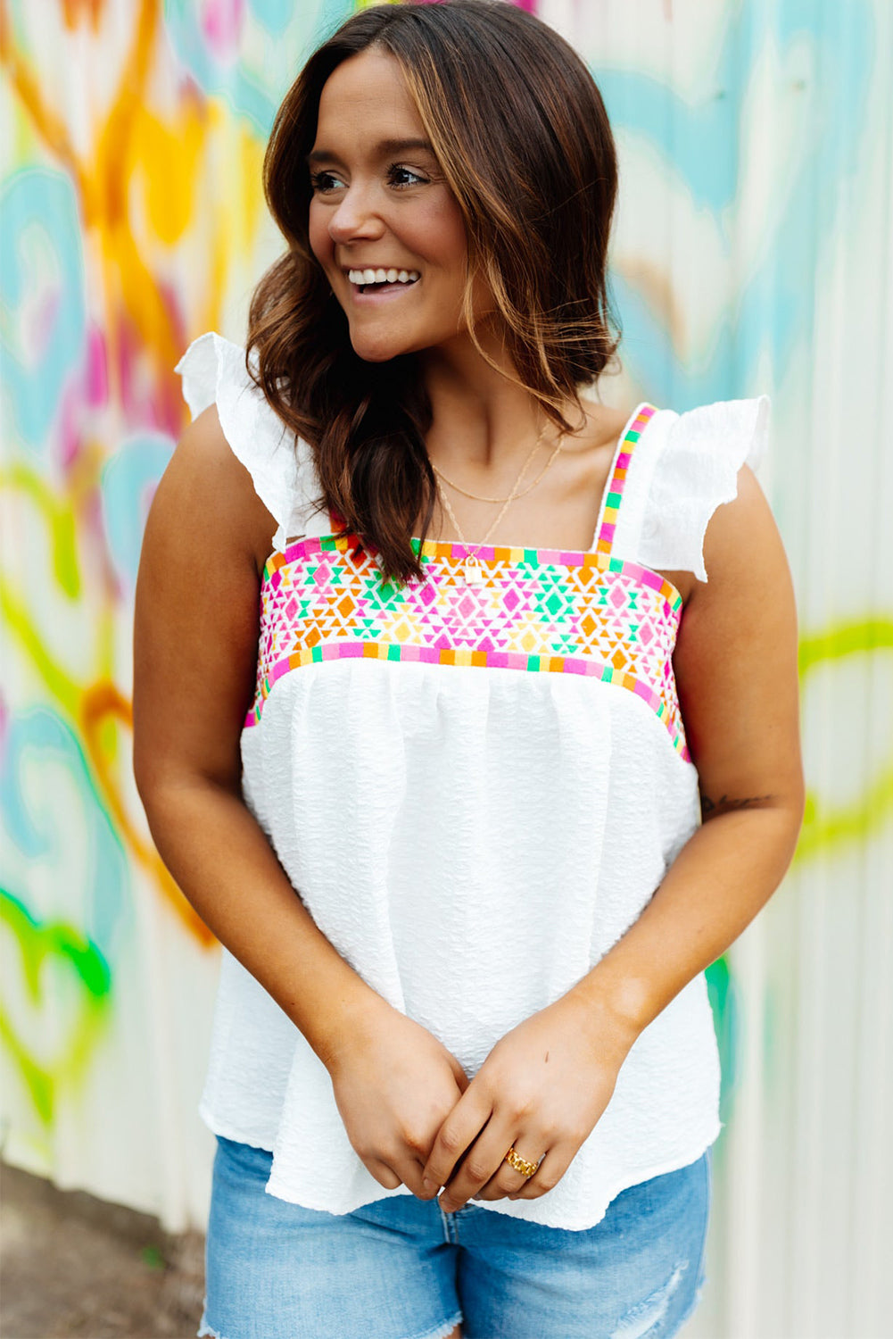 White Aztec Embroidered Square Neck Ruffle Tank Top Tank Tops JT's Designer Fashion