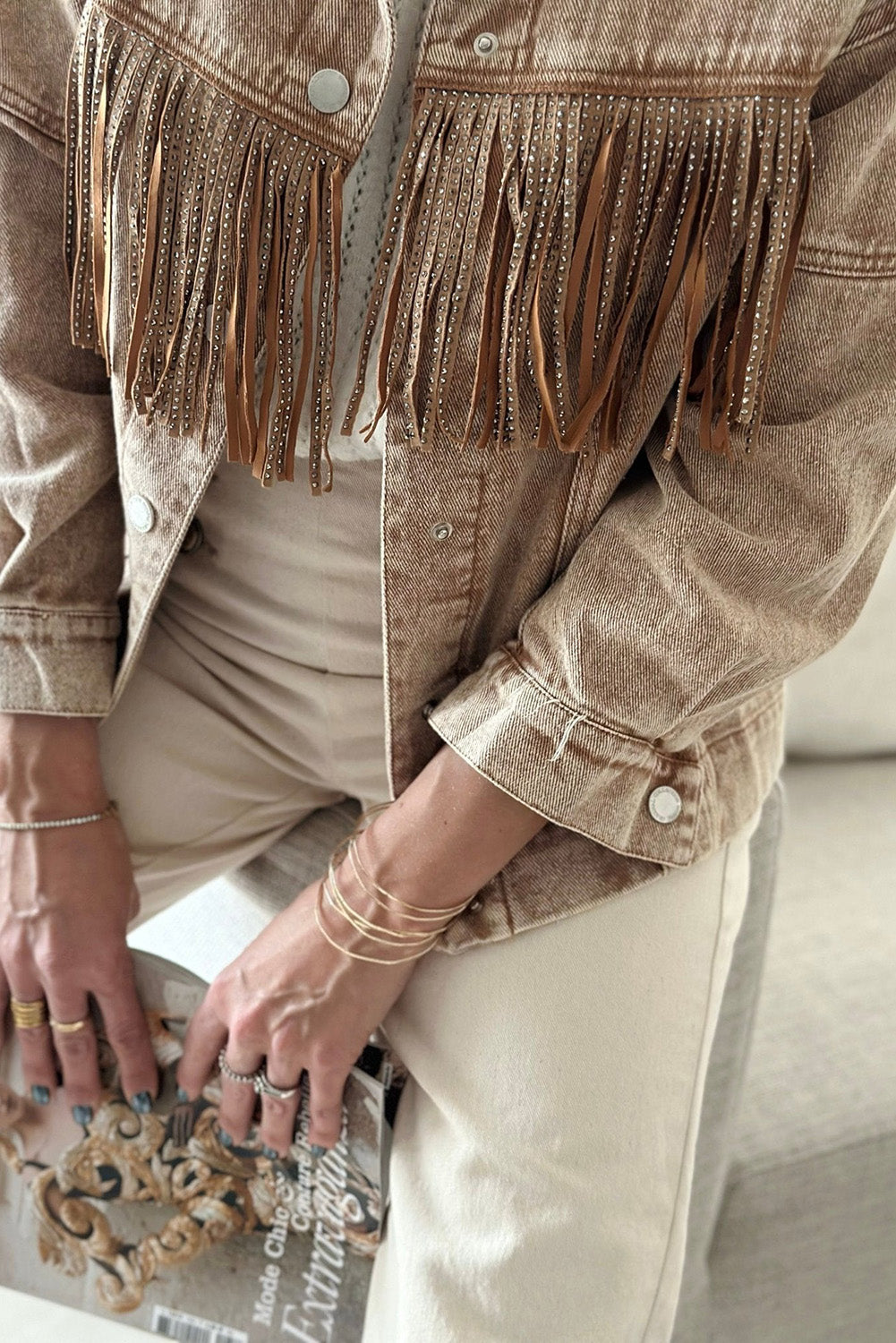 Brown Rhinestone Fringed Cowgirl Fashion Denim Jacket Denim jackets JT's Designer Fashion