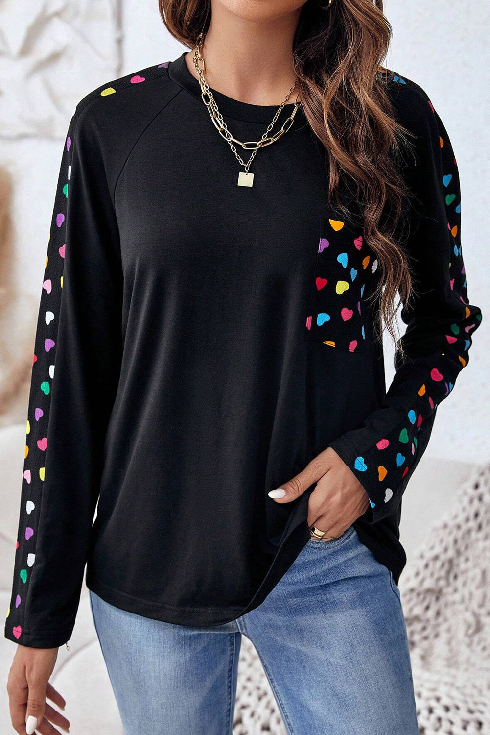 Black Colorful Heart Print Raglan Sleeve Patched Pocket Top Long Sleeve Tops JT's Designer Fashion