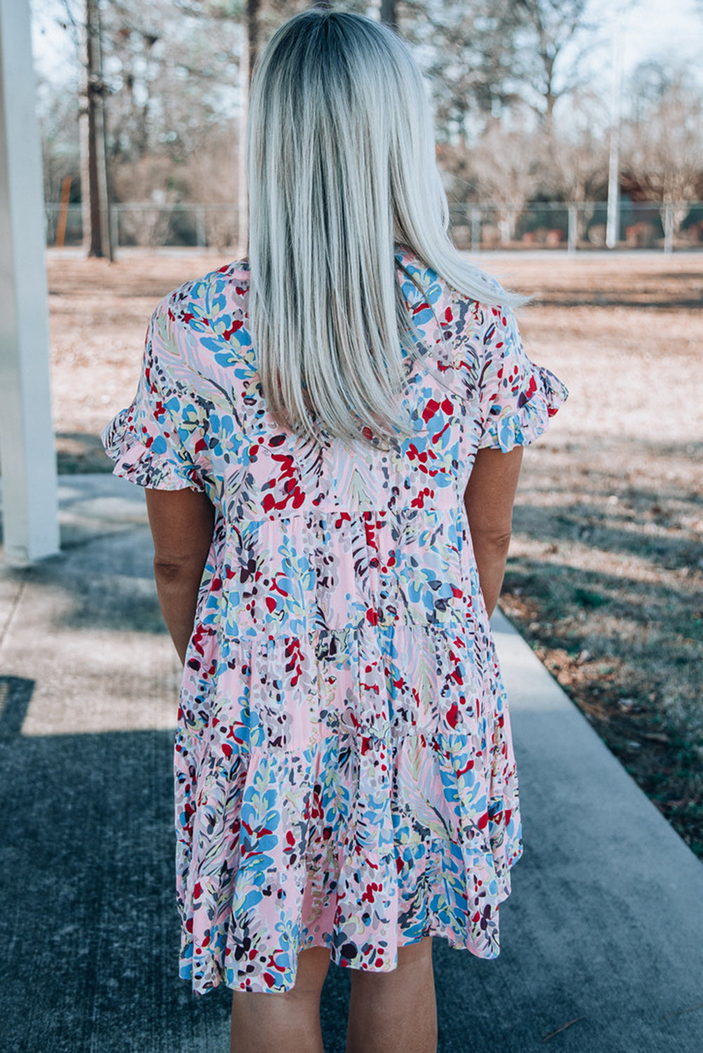 Pink Short Sleeves Floral Print Tiered Ruffled Dress Floral Dresses JT's Designer Fashion