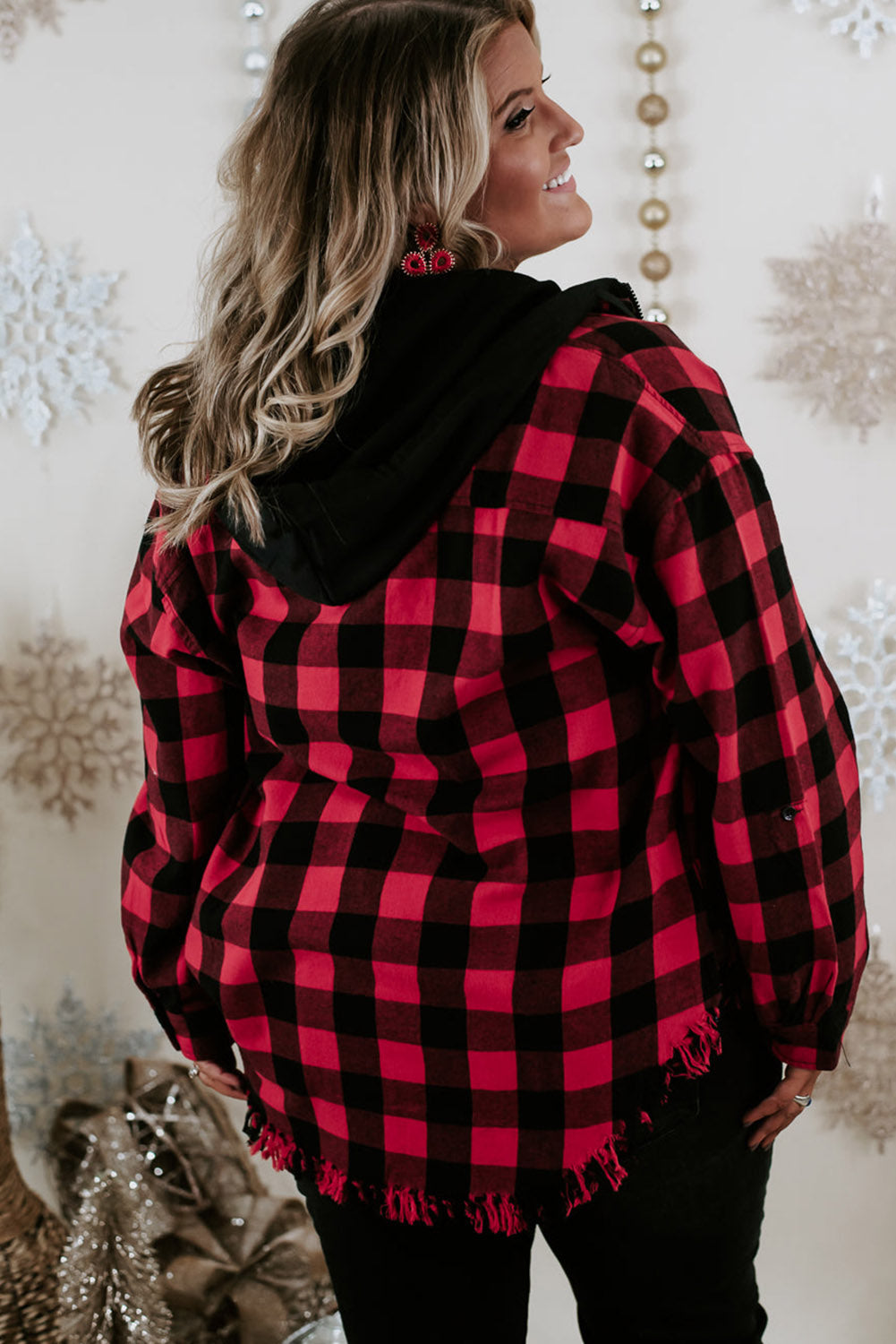 Ruby Plus Size Plaid Hooded Distressed Zip-Up Jacket Plus Size JT's Designer Fashion