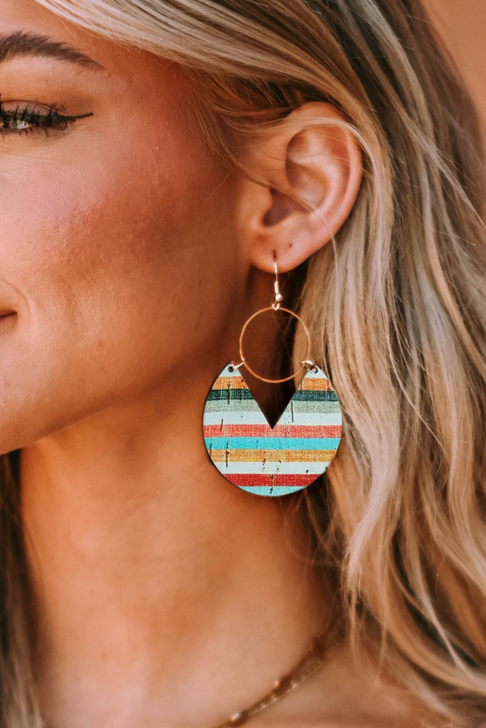 Multicolor Rainbow Stripe Pattern Notch Round Wooden Pendant Earrings Jewelry JT's Designer Fashion