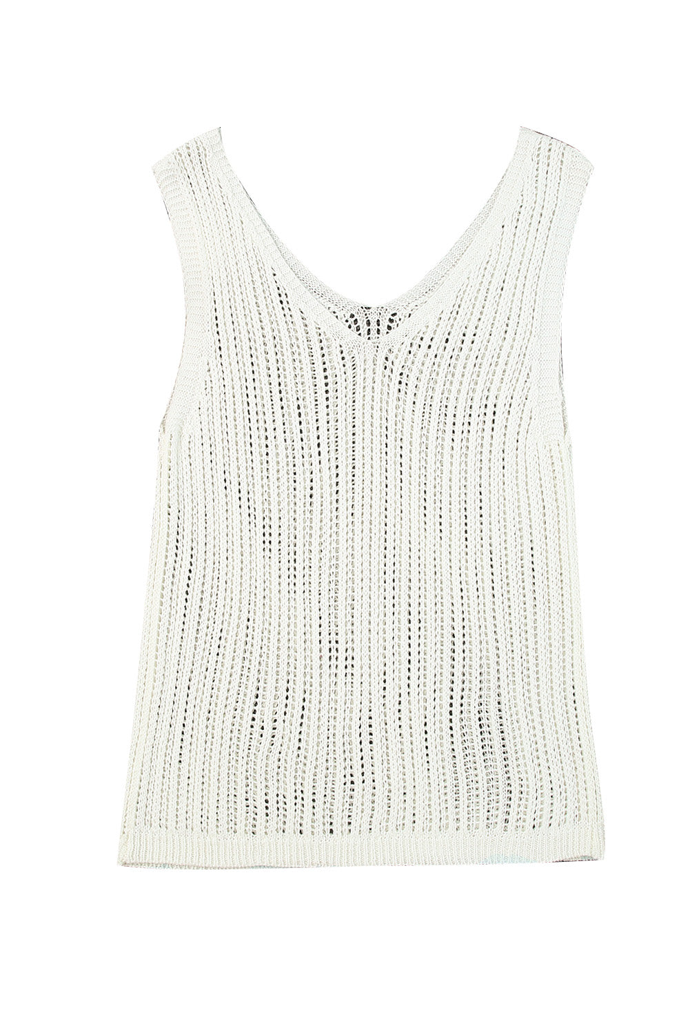 White Hollowed Knit V Neck Tank Top Tank Tops JT's Designer Fashion