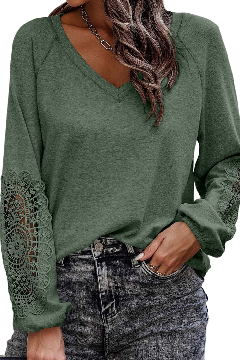 Green Gray Embroidered Long-Sleeve V-Neck Top Tops & Tees JT's Designer Fashion