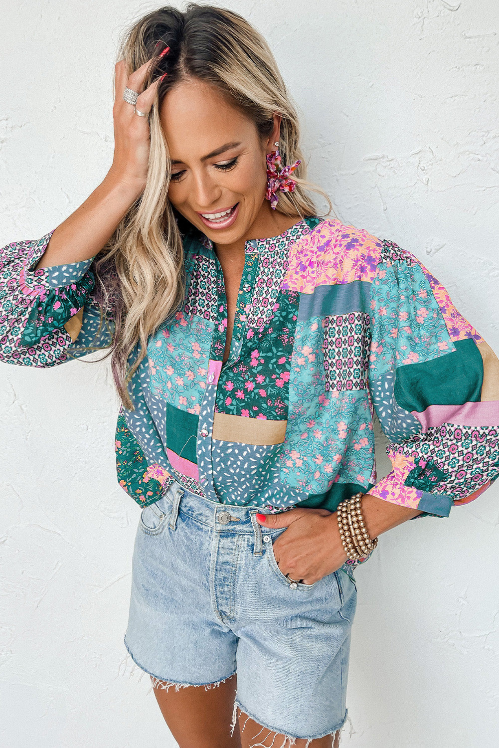 Green Multicolor Floral Patchwork Print Buttoned Puff Sleeve Shirt Tops & Tees JT's Designer Fashion