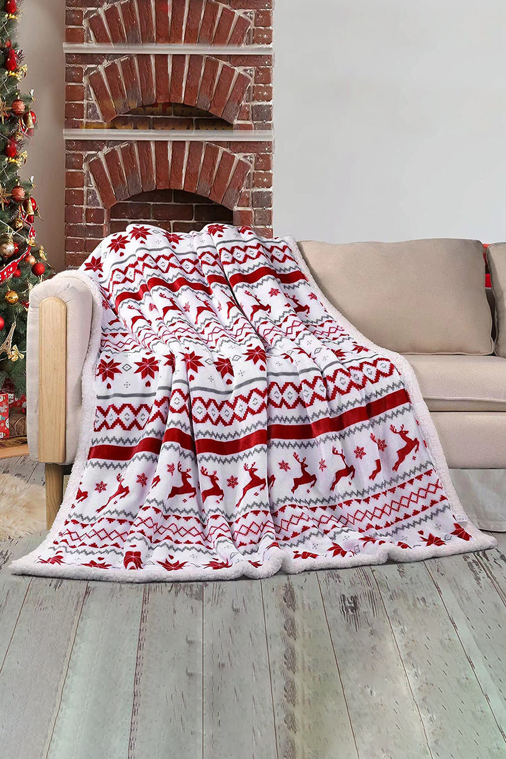 White Christmas Reindeer Snowflake Printed Sherpa Blanket Other Accessories JT's Designer Fashion