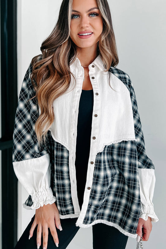 White Plaid Patch Puff Sleeve Buttoned Denim Jacket Denim jackets JT's Designer Fashion