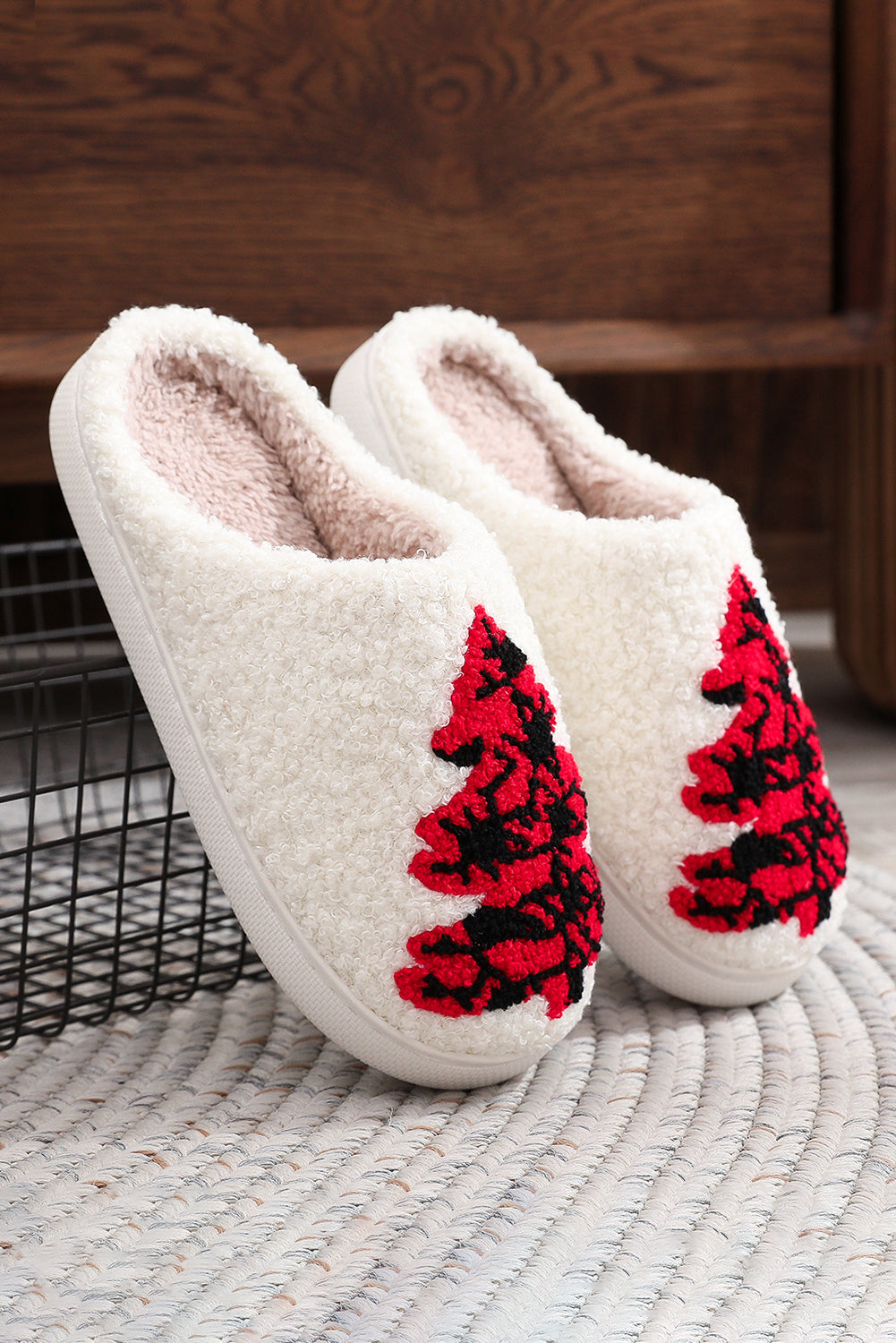 White Fuzzy Tree Pattern Christmas Fashion Home Slippers Slippers JT's Designer Fashion