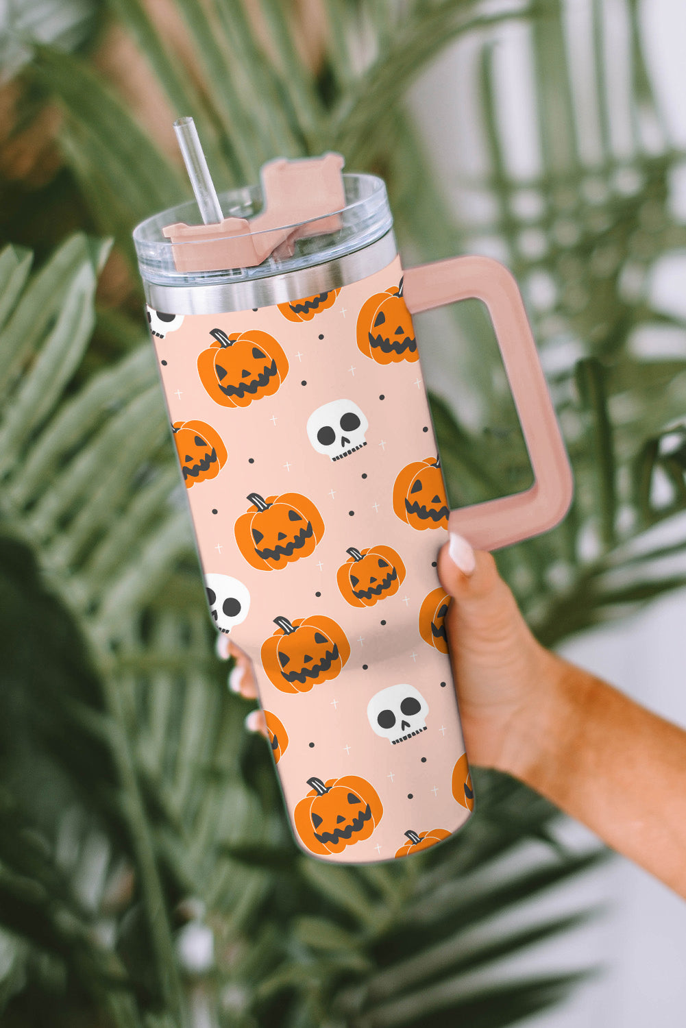 Orange Halloween Pumpkin Skull Print Handle Straw Tumbler Tumblers JT's Designer Fashion