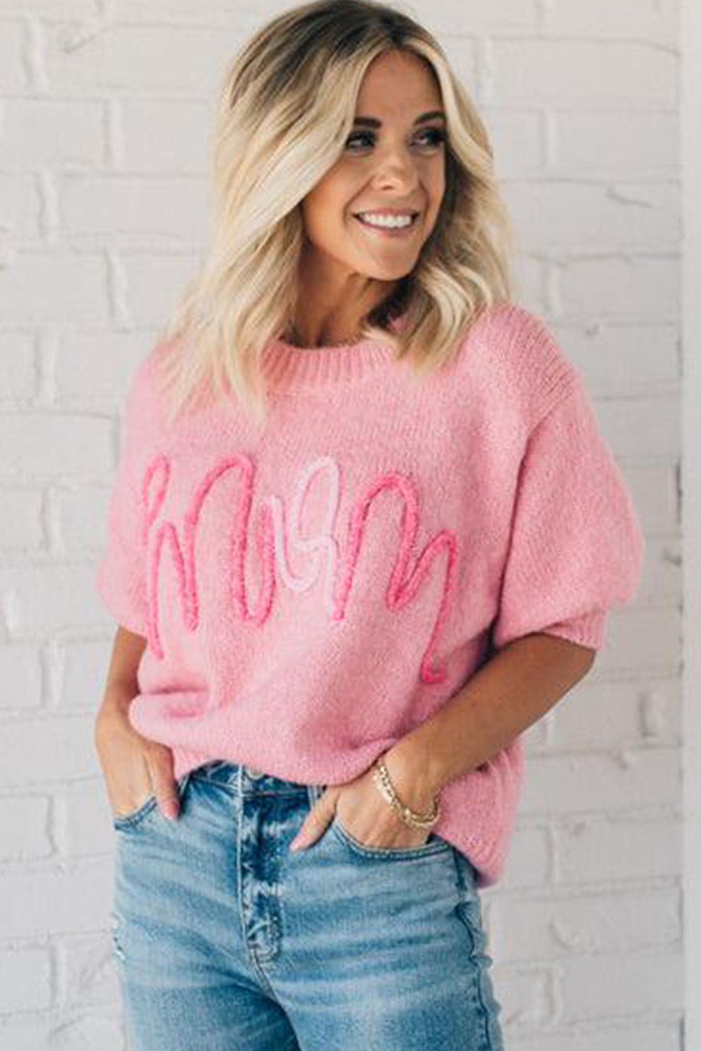 Pink MOM Lettering Short Puff Sleeve Knitted Sweater Pre Order Sweaters & Cardigans JT's Designer Fashion