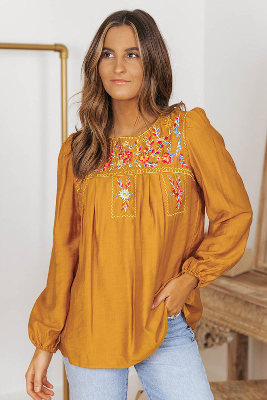 Orange Embroidered Floral Bubble Sleeves Blouse Blouses & Shirts JT's Designer Fashion