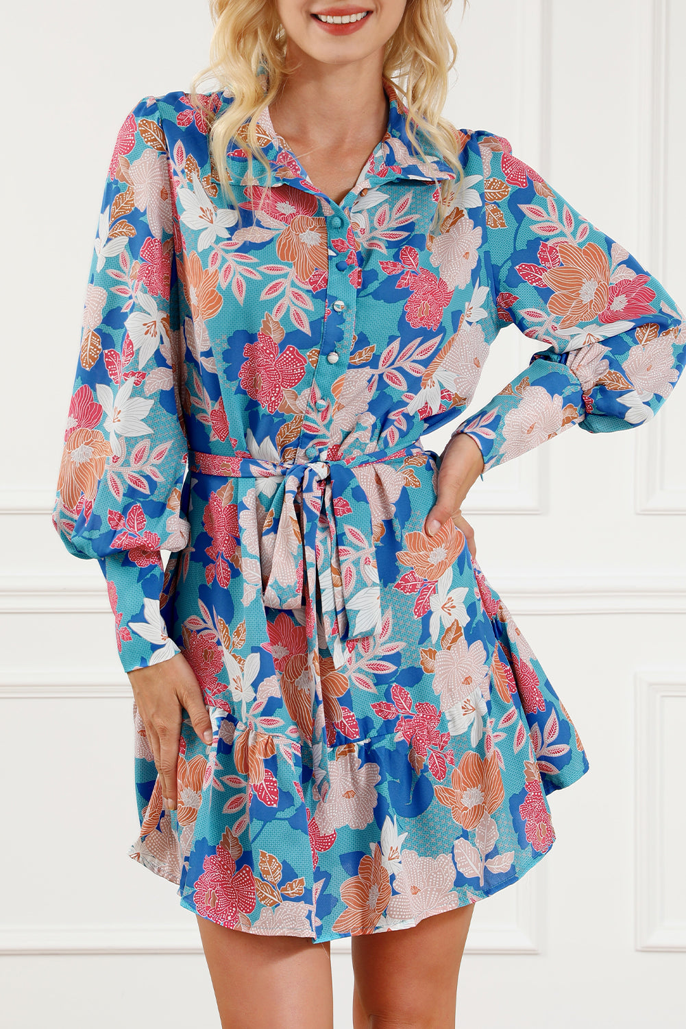 Blue Floral Print Lantern Sleeve Belted Shirt Dress Floral Dresses JT's Designer Fashion