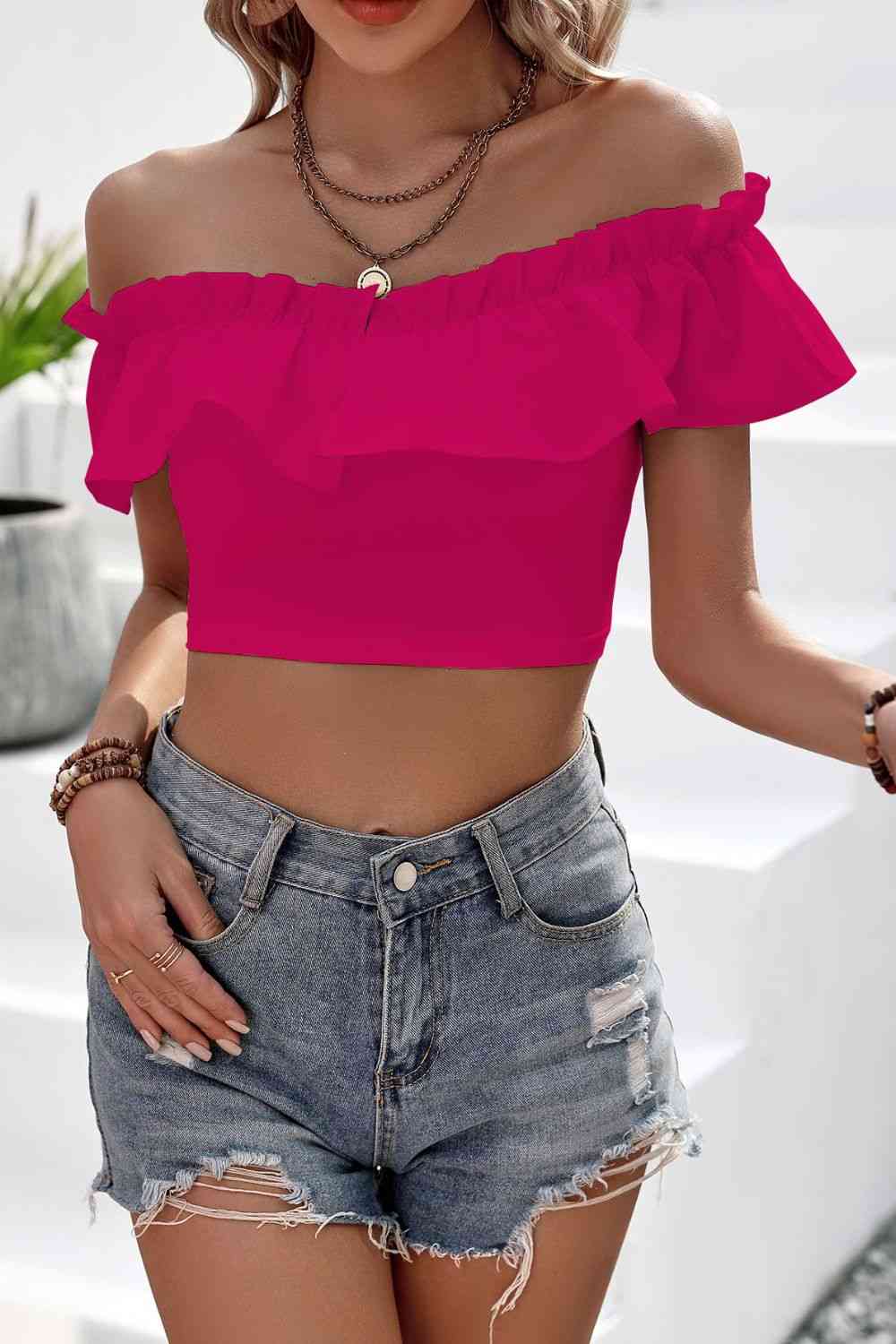 Off-Shoulder Ruffled Cropped Top Crop Tops JT's Designer Fashion