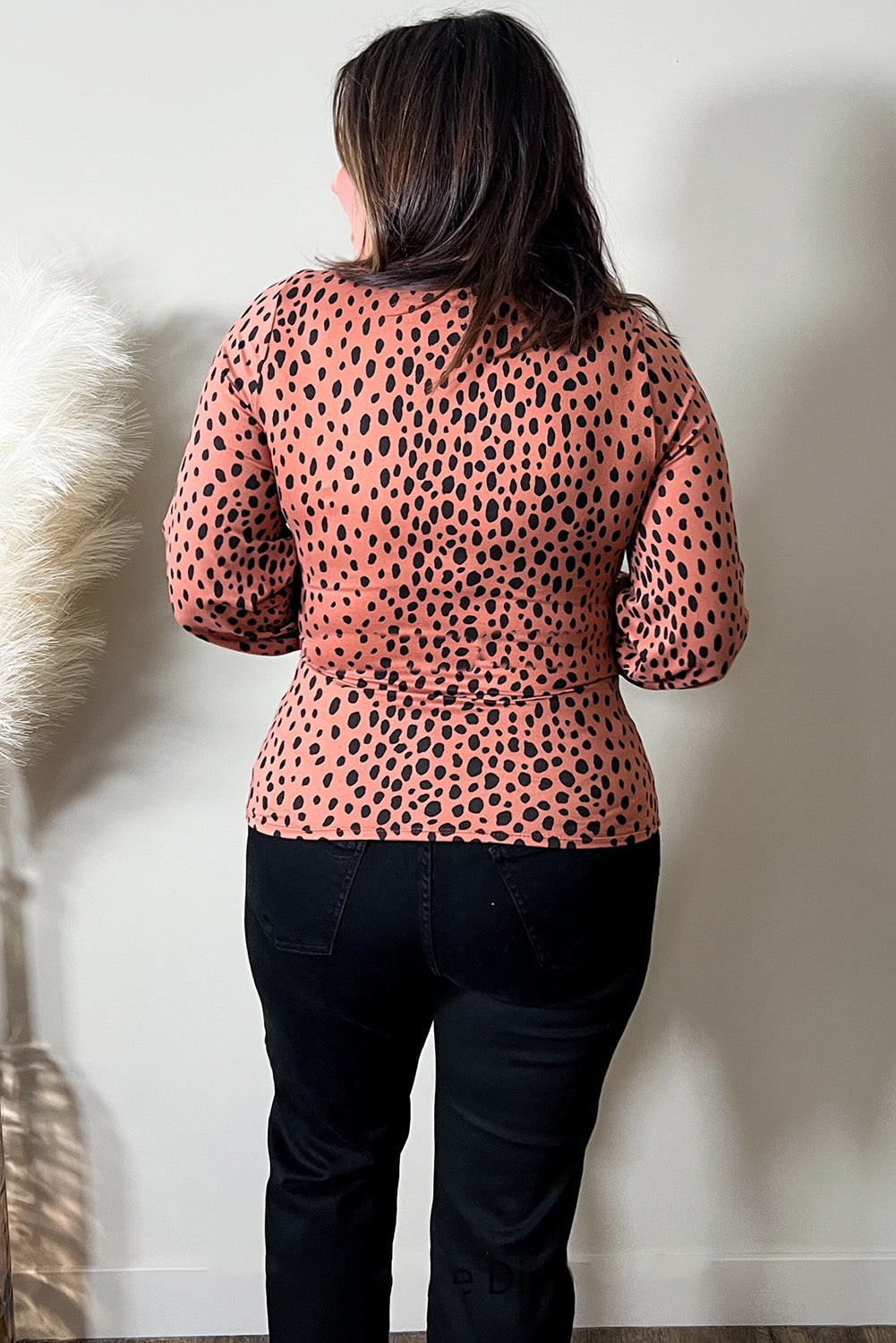 Plus Size Leopard V Neck Lace up Bubble Sleeve Slim Top Plus Size JT's Designer Fashion