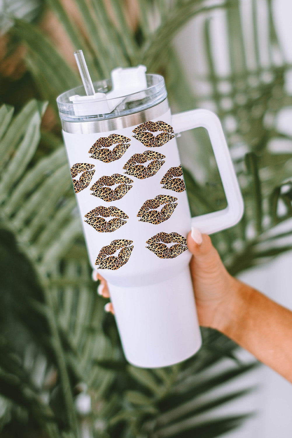 White Valentine Leopard Lips Print Thermos Cuo with Straw Tumblers JT's Designer Fashion