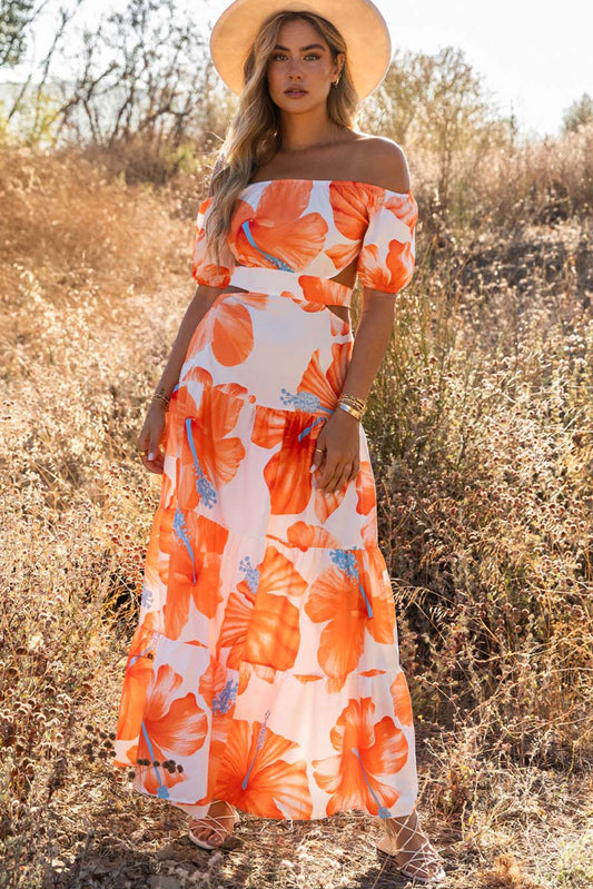 Orange Floral Print Off Shoulder Backless Maxi Dress Floral Dresses JT's Designer Fashion