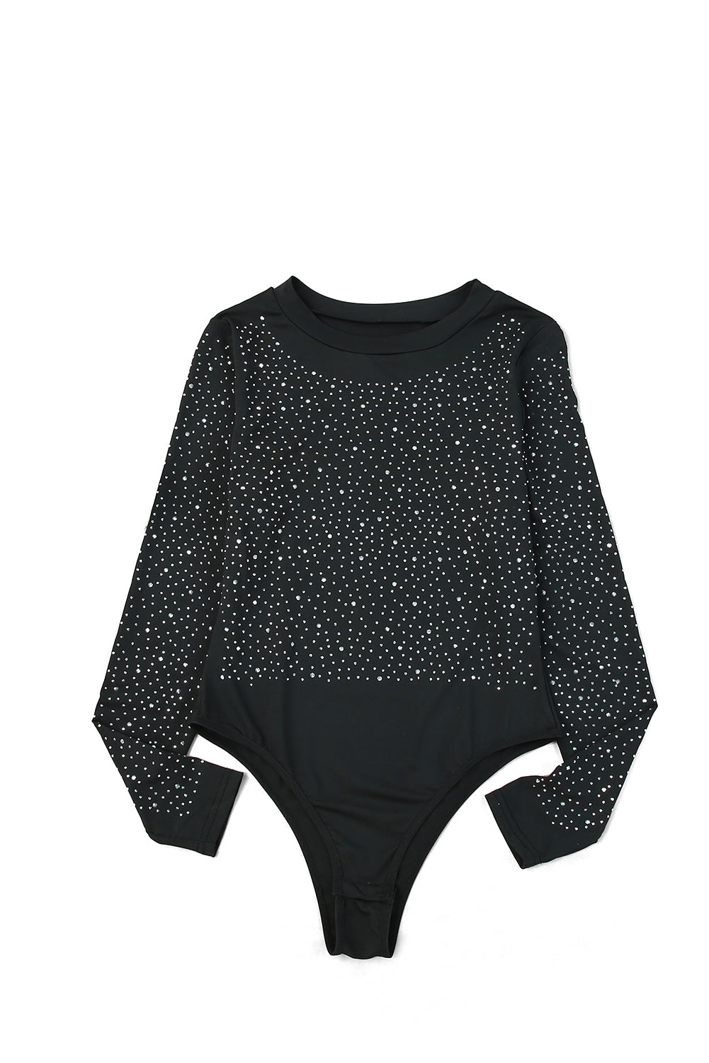 Black Rhinestone O-neck Long Sleeve Bodysuit Bodysuits JT's Designer Fashion