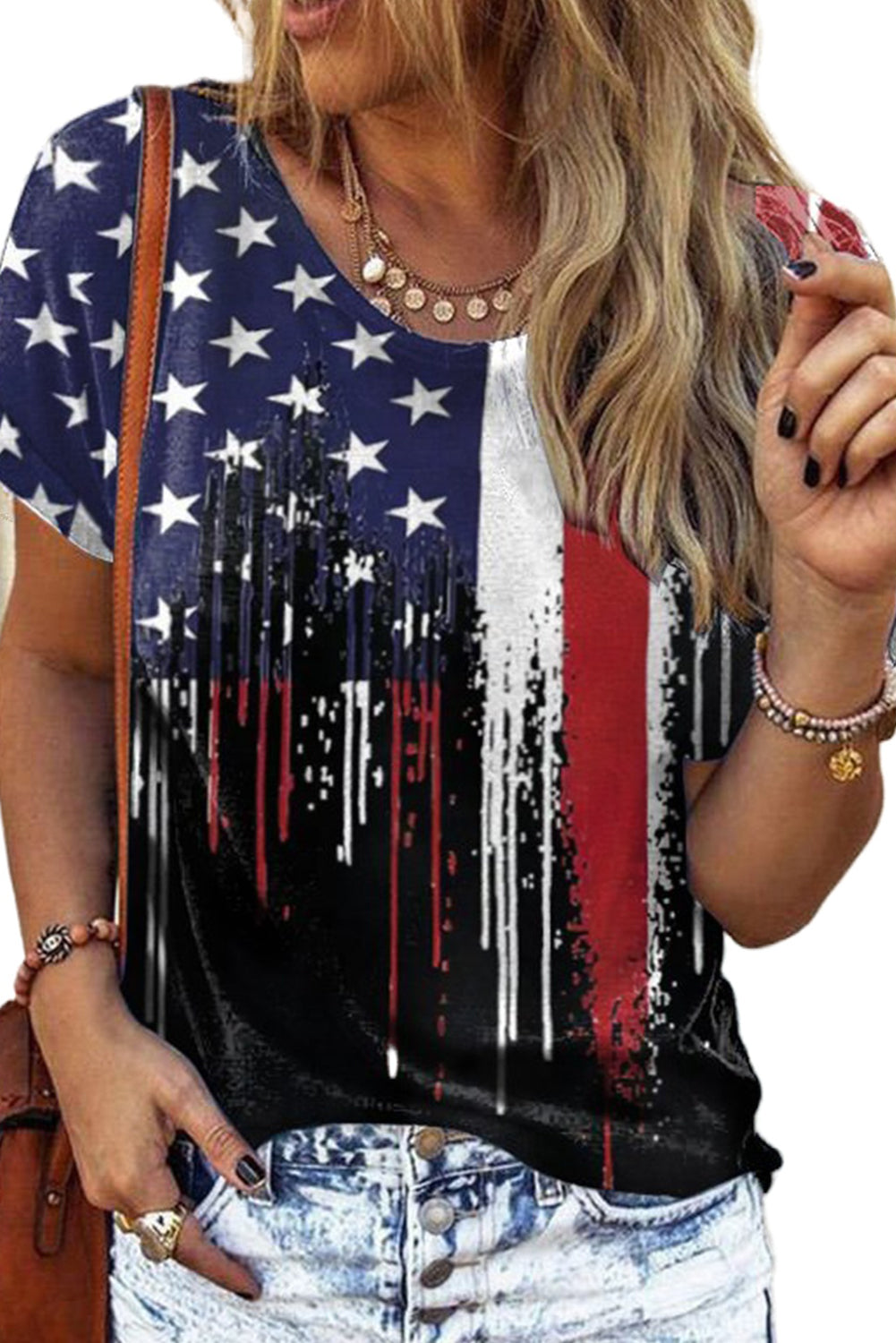 Multicolor America Flag Inspired Round Neck Loose T-Shirt Tops & Tees JT's Designer Fashion