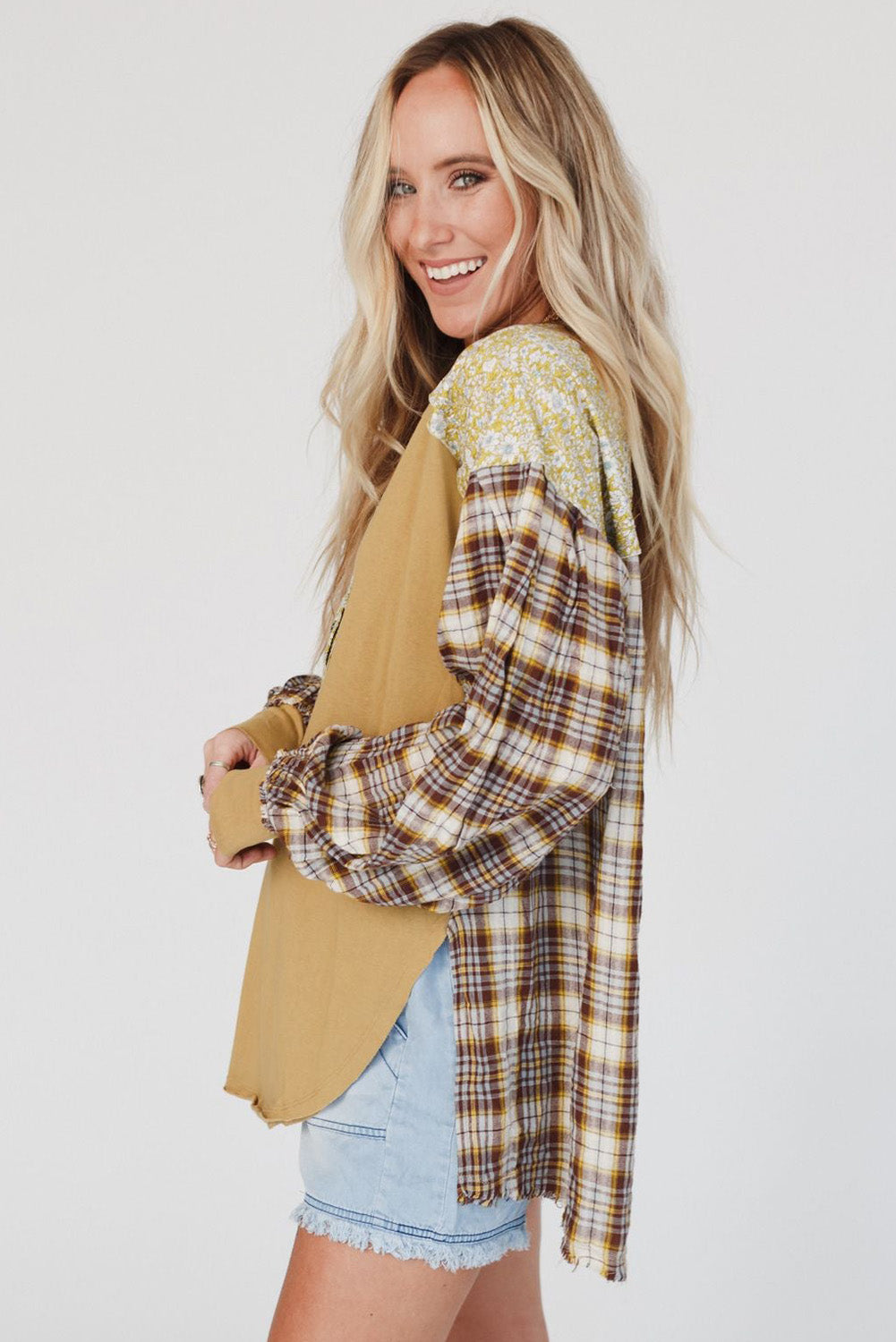 Yellow Floral Plaid Mixed Print Bishop Sleeve Patchwork Top with Slits Tops & Tees JT's Designer Fashion