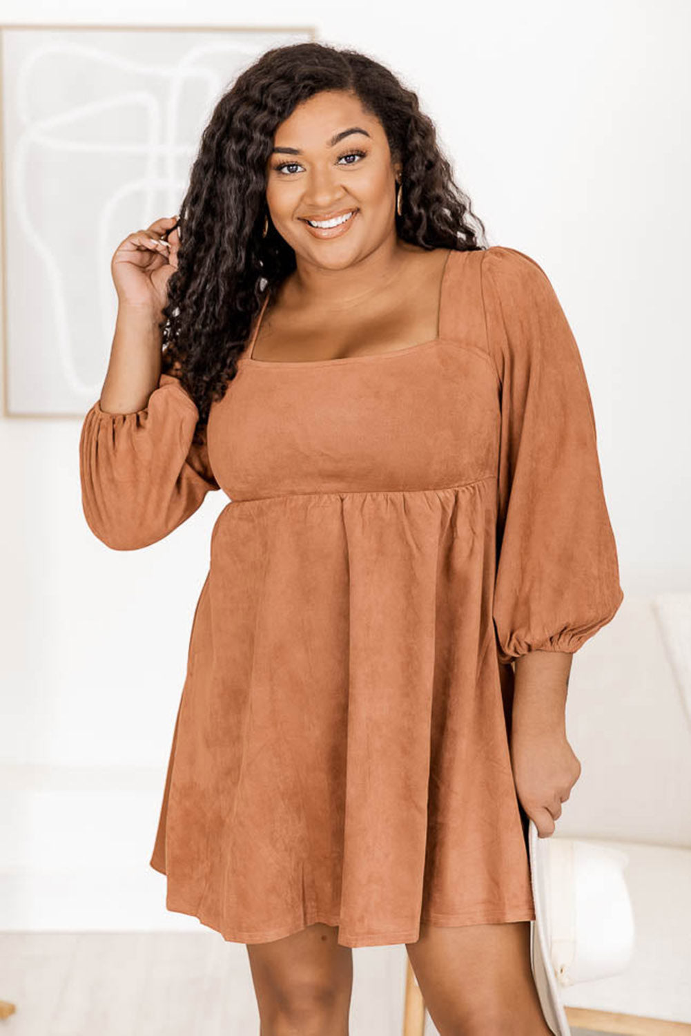 Chestnut Plus Size Suede Square Neck Balloon Sleeve Dress Plus Size JT's Designer Fashion