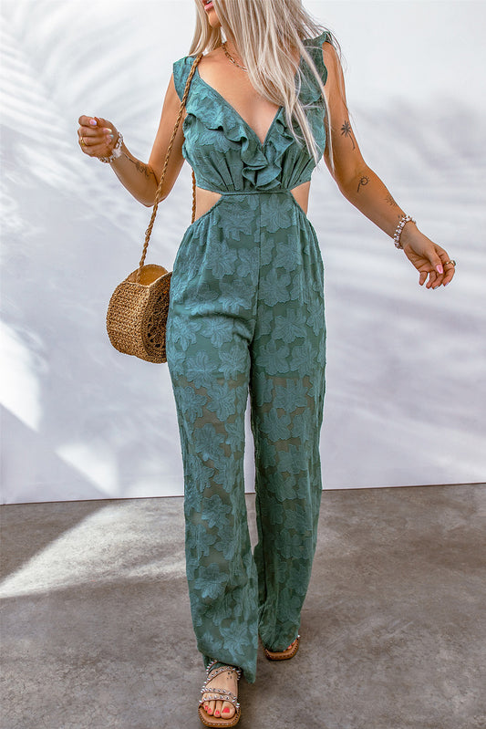 Green Floral Lace Crochet Lace-up Backless Jumpsuit Green 100%Polyester Jumpsuits & Rompers JT's Designer Fashion